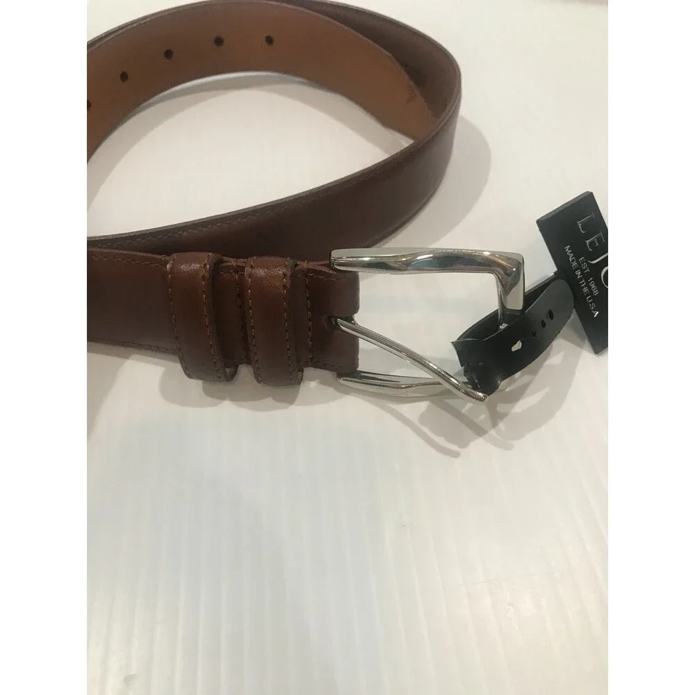 Lejon Men's Handcrafted Belt Leather Classic Brown Belt Silver Tone Buckle 32